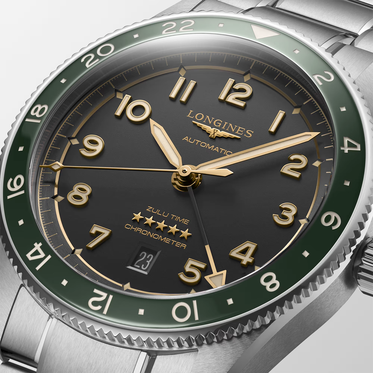 Longines Spirit Zulu Time 42mm Anthracite Dial & Green Bezel Bracelet Watch - Berry's Jewellers