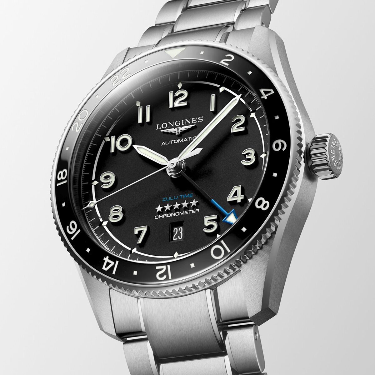 Longines Spirit Zulu Time 42mm Black Dial & Bezel Automatic Bracelet Watch - Berry's Jewellers