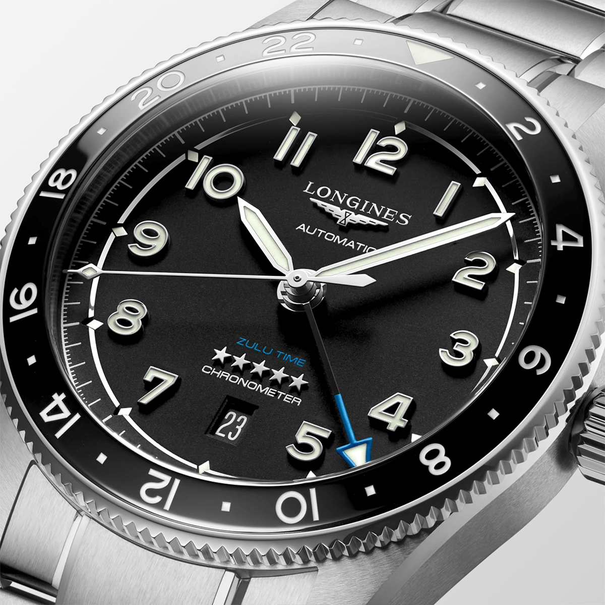 Longines Spirit Zulu Time 42mm Black Dial & Bezel Automatic Bracelet Watch - Berry's Jewellers