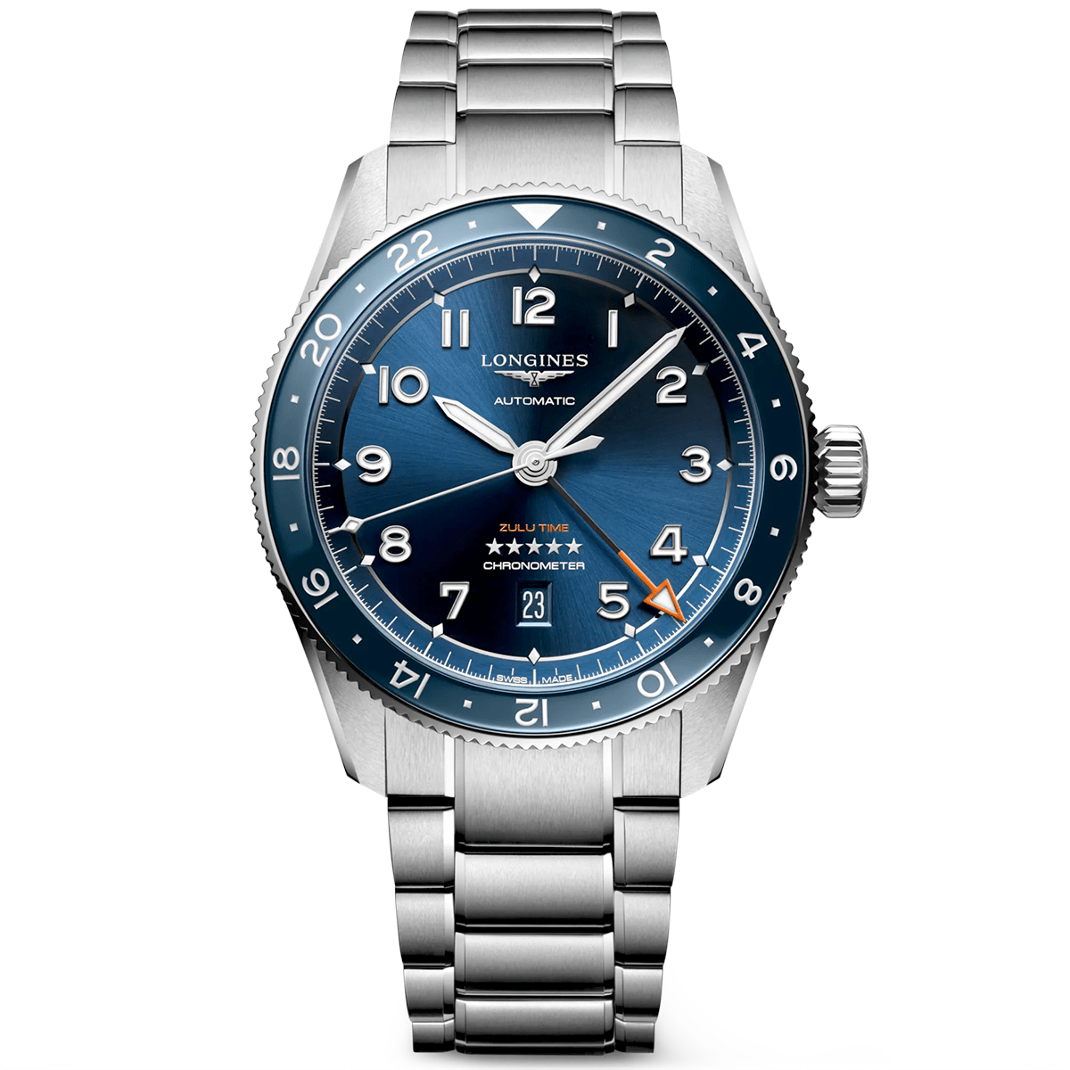 Longines Spirit Zulu Time 42mm Blue Dial & Bezel Automatic Bracelet Watch - Berry's Jewellers