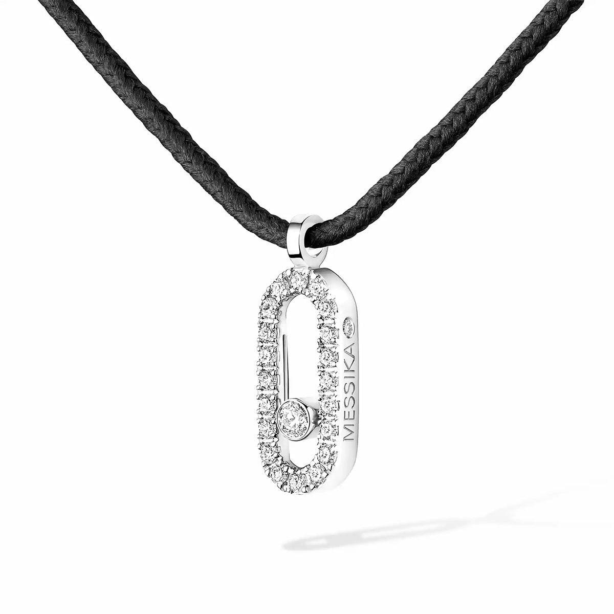 18ct White Gold Diamond Messika Cares Necklace On A Black Cord