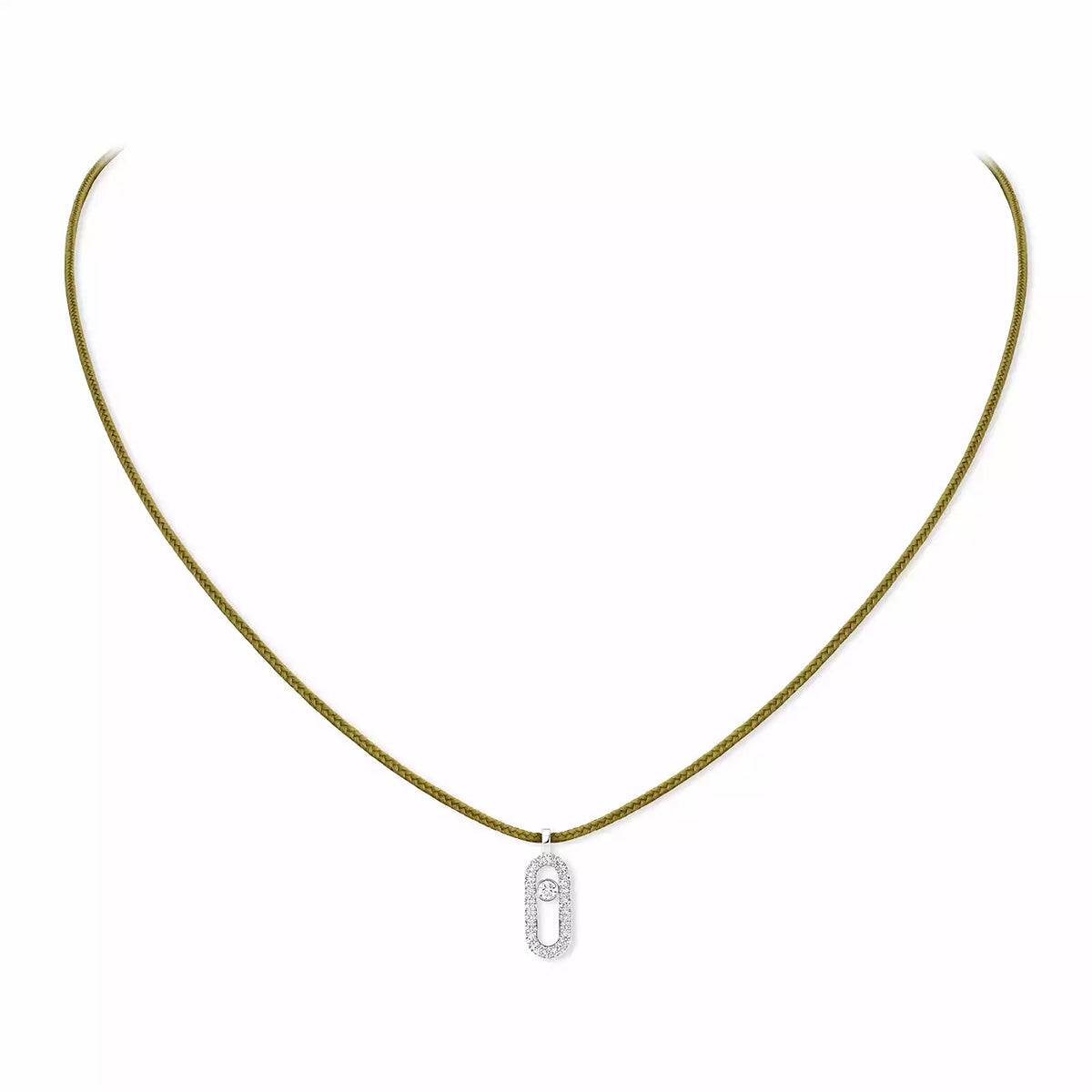 18ct White Gold Diamond Messika Cares Necklace On A Khaki Cord