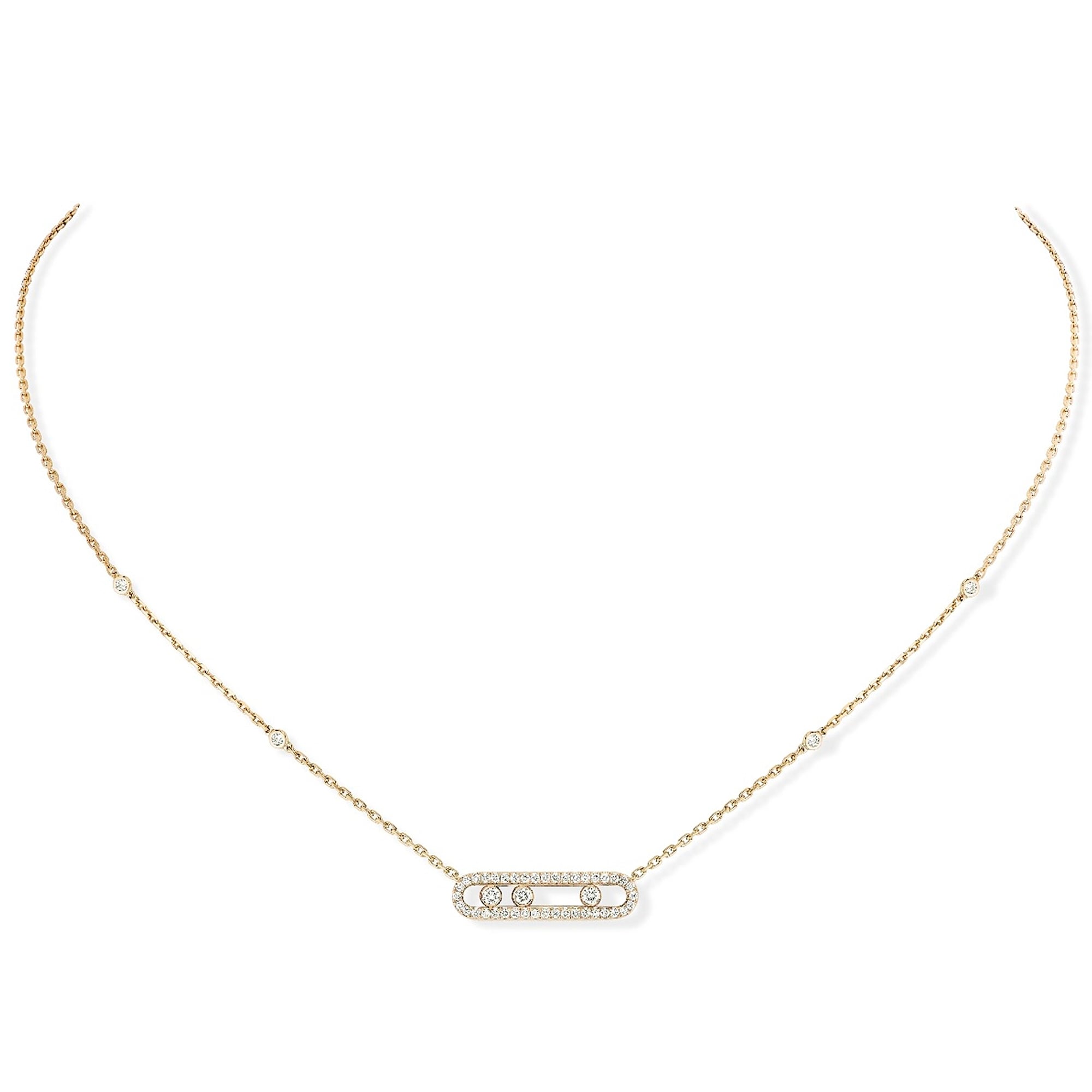 18ct Yellow Gold Baby Move Three Diamond And Pave Set Diamond Necklace