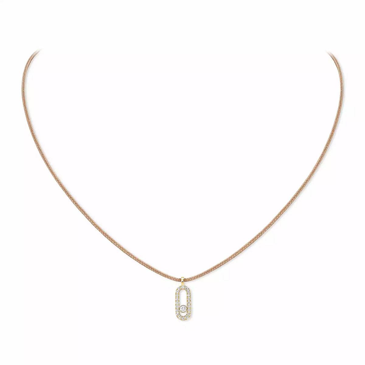 18ct Yellow Gold Diamond Messika Cares Necklace On A Beige Cord