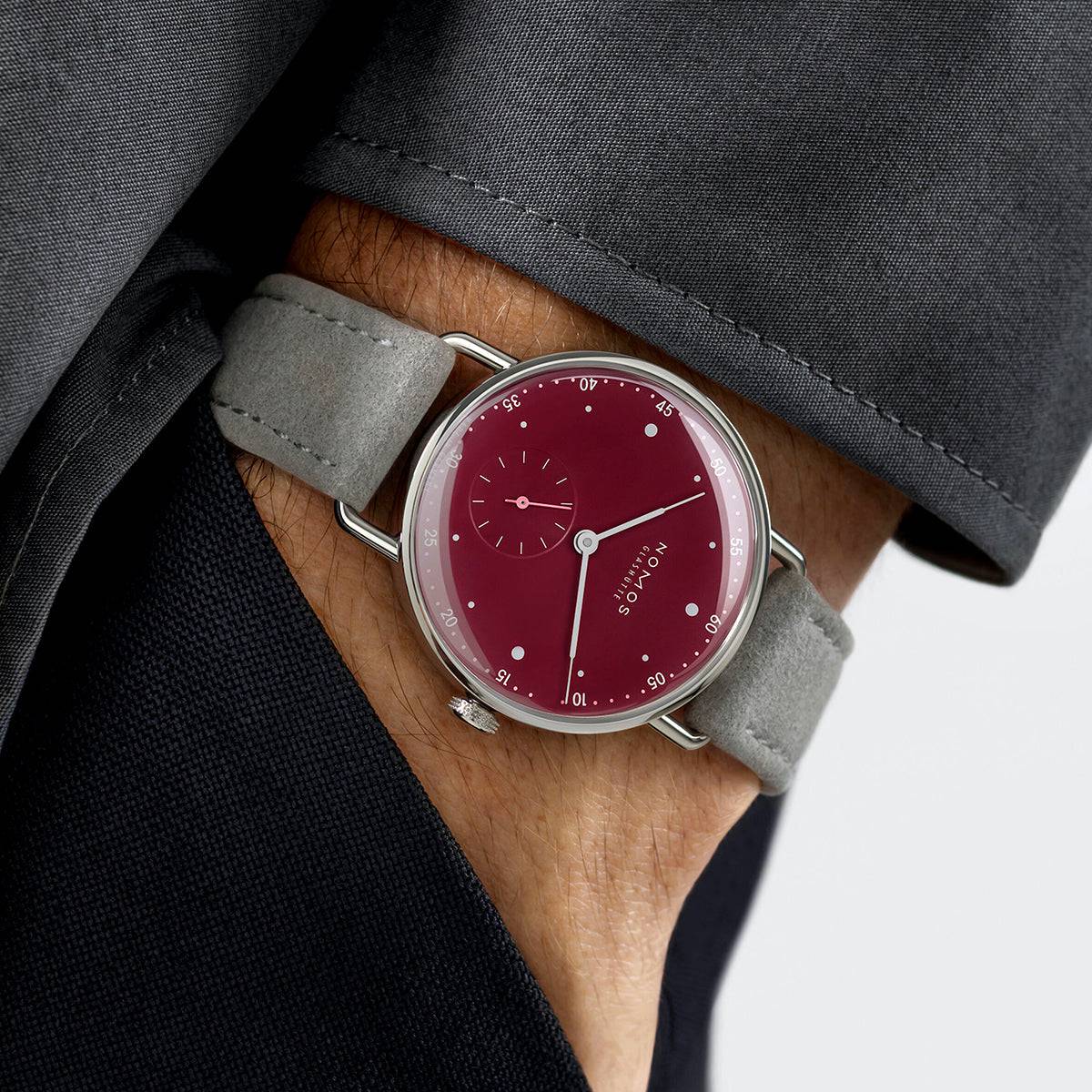 NOMOS Glashütte Metro 33mm Muted Red Dial Ladies Strap Watch - Berry's Jewellers