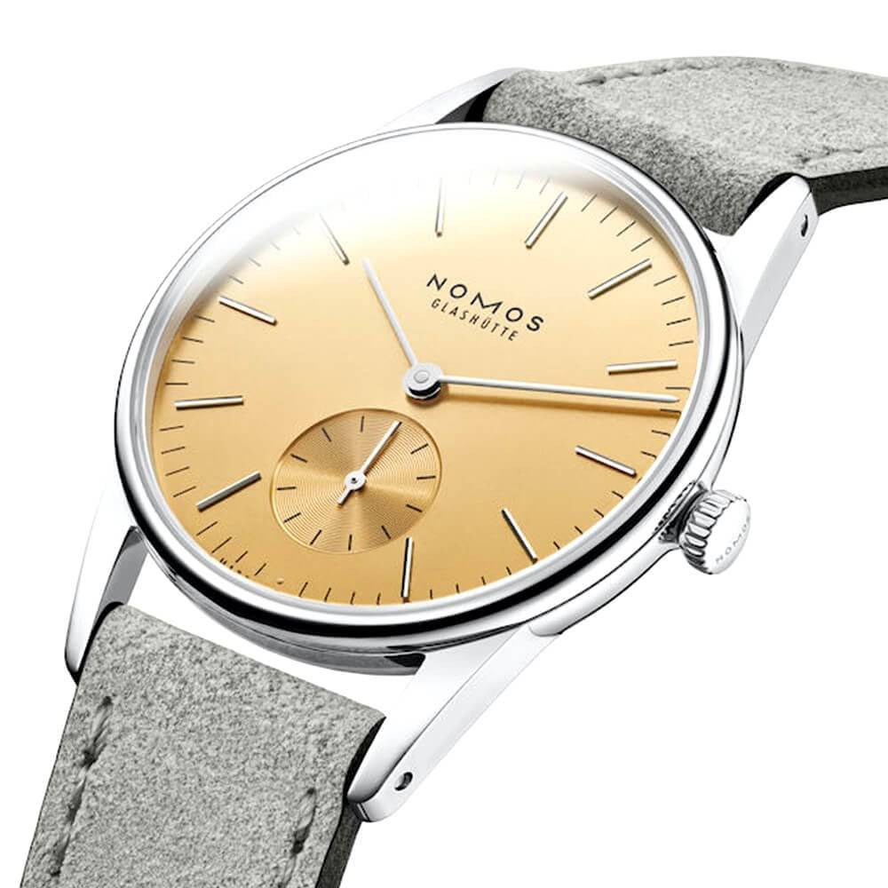 NOMOS Glashütte Orion 33 Small Seconds Gold Dial Ladies Strap Watch - Berry's Jewellers