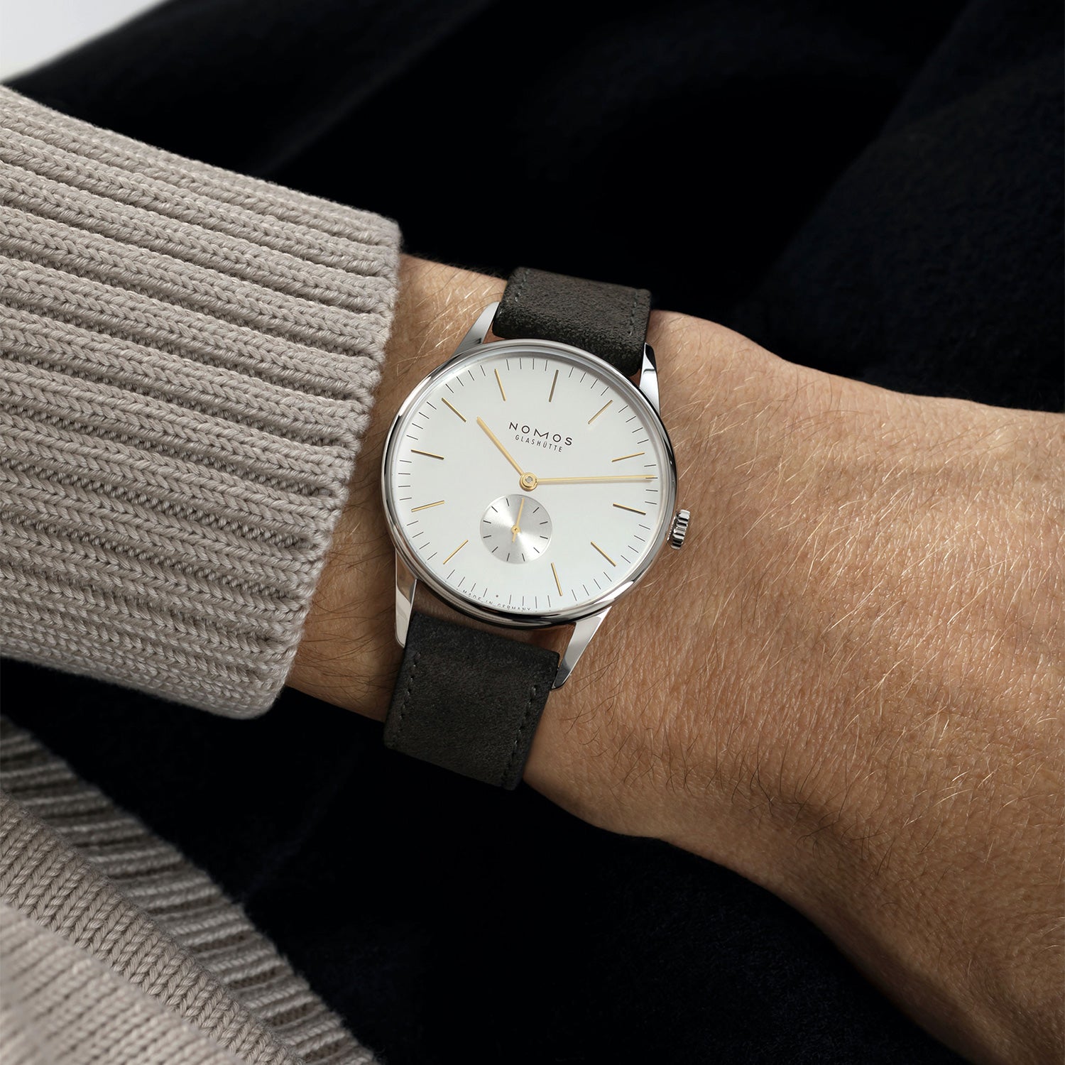 NOMOS Glashütte Orion 38 Small Seconds Silver/Gold Dial Strap Watch - Berry's Jewellers