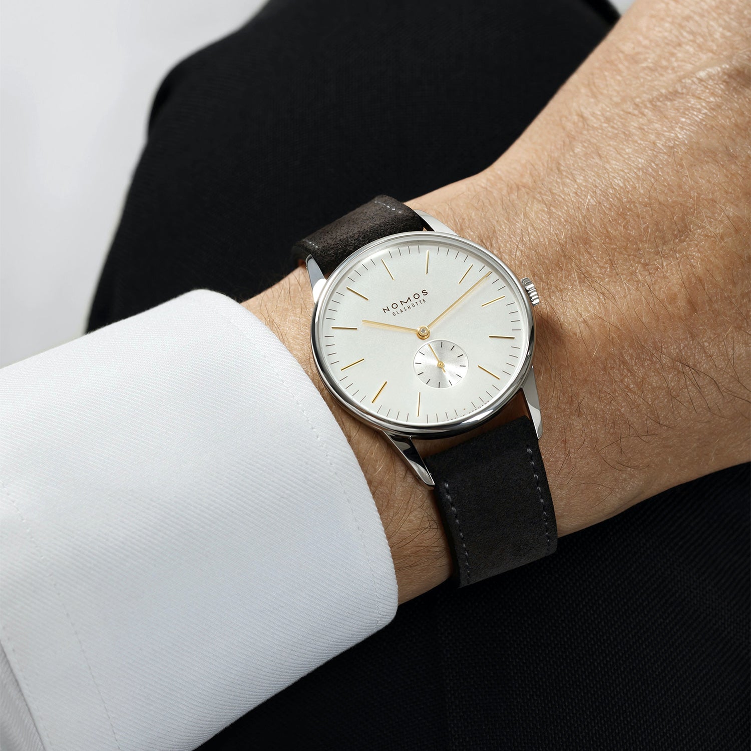 NOMOS Glashütte Orion 38 Small Seconds Silver/Gold Dial Strap Watch - Berry's Jewellers