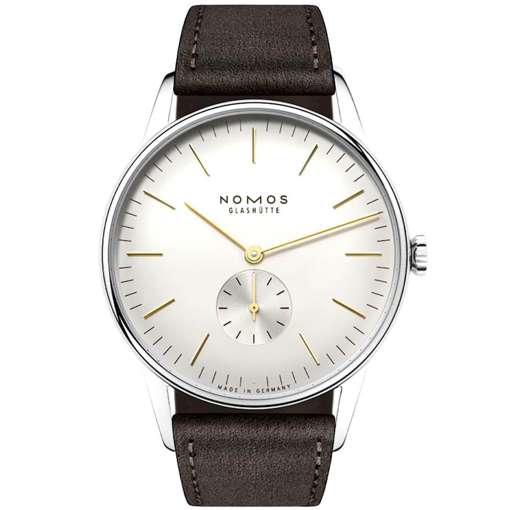 NOMOS Glashütte Orion 38 Small Seconds Silver/Gold Dial Strap Watch - Berry's Jewellers