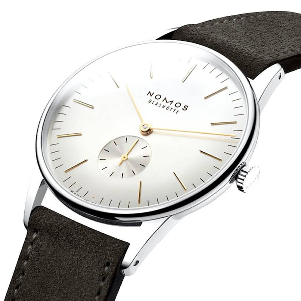 NOMOS Glashütte Orion 38 Small Seconds Silver/Gold Dial Strap Watch - Berry's Jewellers