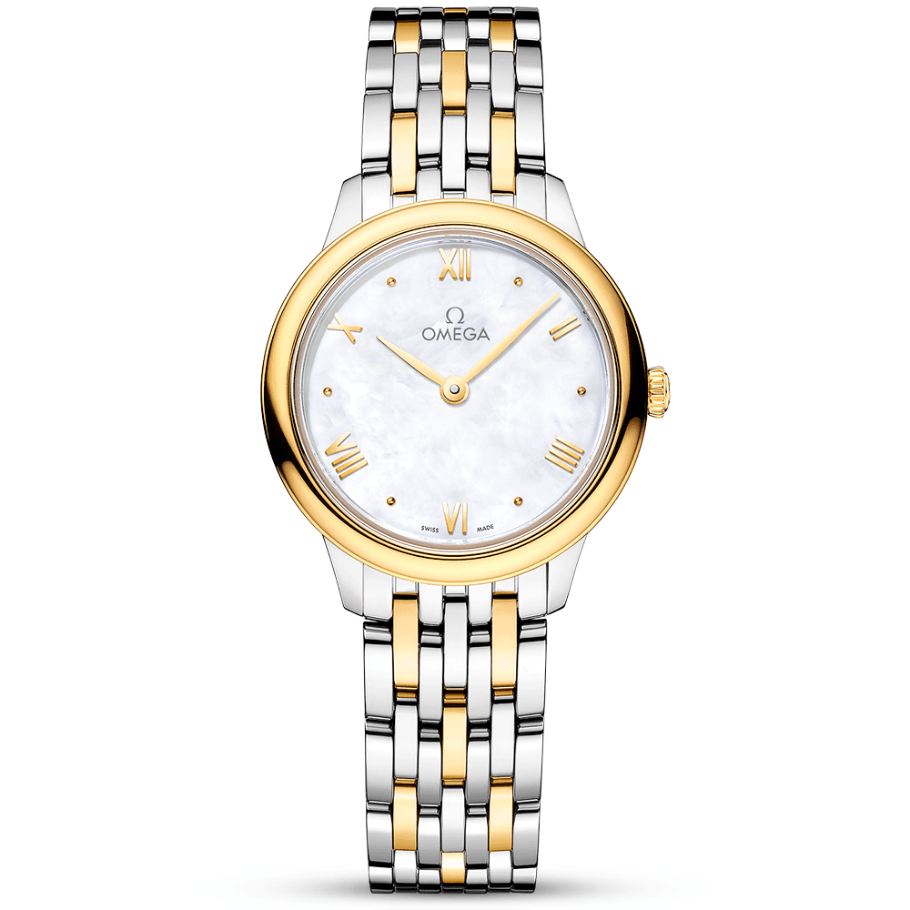 OMEGA De Ville Prestige 27.5mm Two-Tone White Mother of Pearl Dial Bracelet Watch - Berry's Jewellers