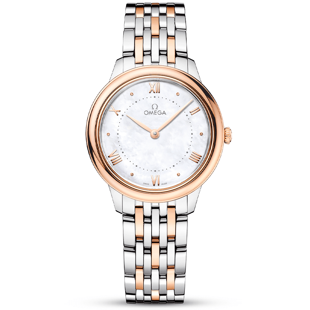 OMEGA De Ville Prestige 30mm Two-Tone White Mother of Pearl Dial Bracelet Watch - Berry's Jewellers