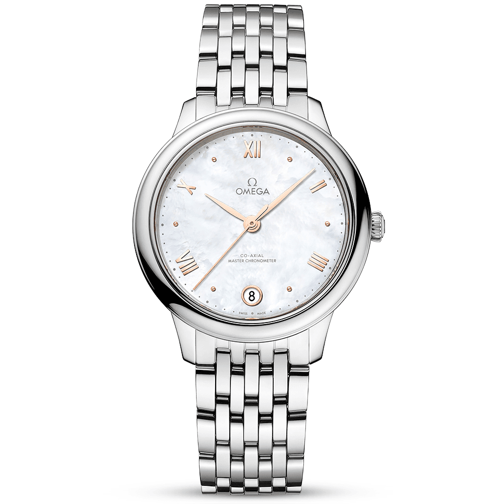 OMEGA De Ville Prestige 34mm White Mother of Pearl Dial Ladies Bracelet Watch - Berry's Jewellers