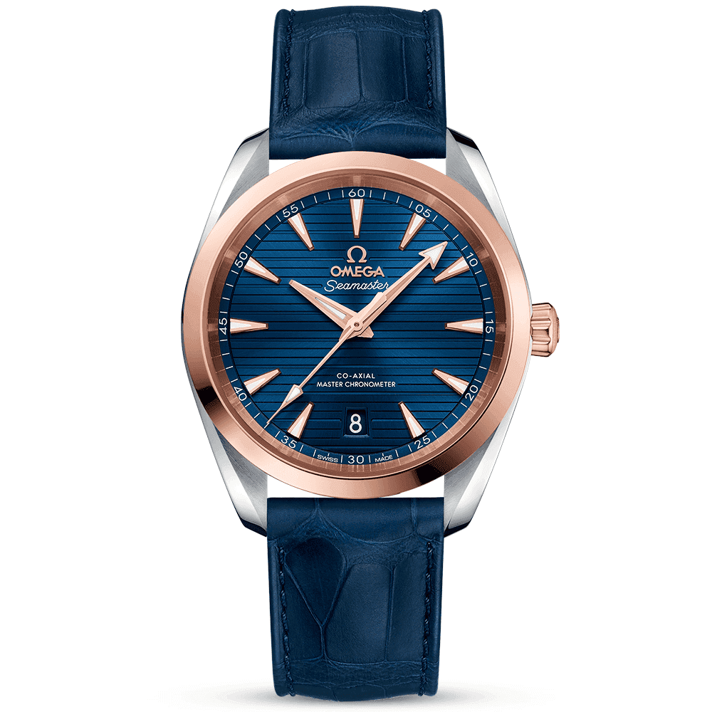 OMEGA Seamaster Aqua Terra 38mm Two-Tone Blue Dial & Leather Strap Watch - Berry's Jewellers