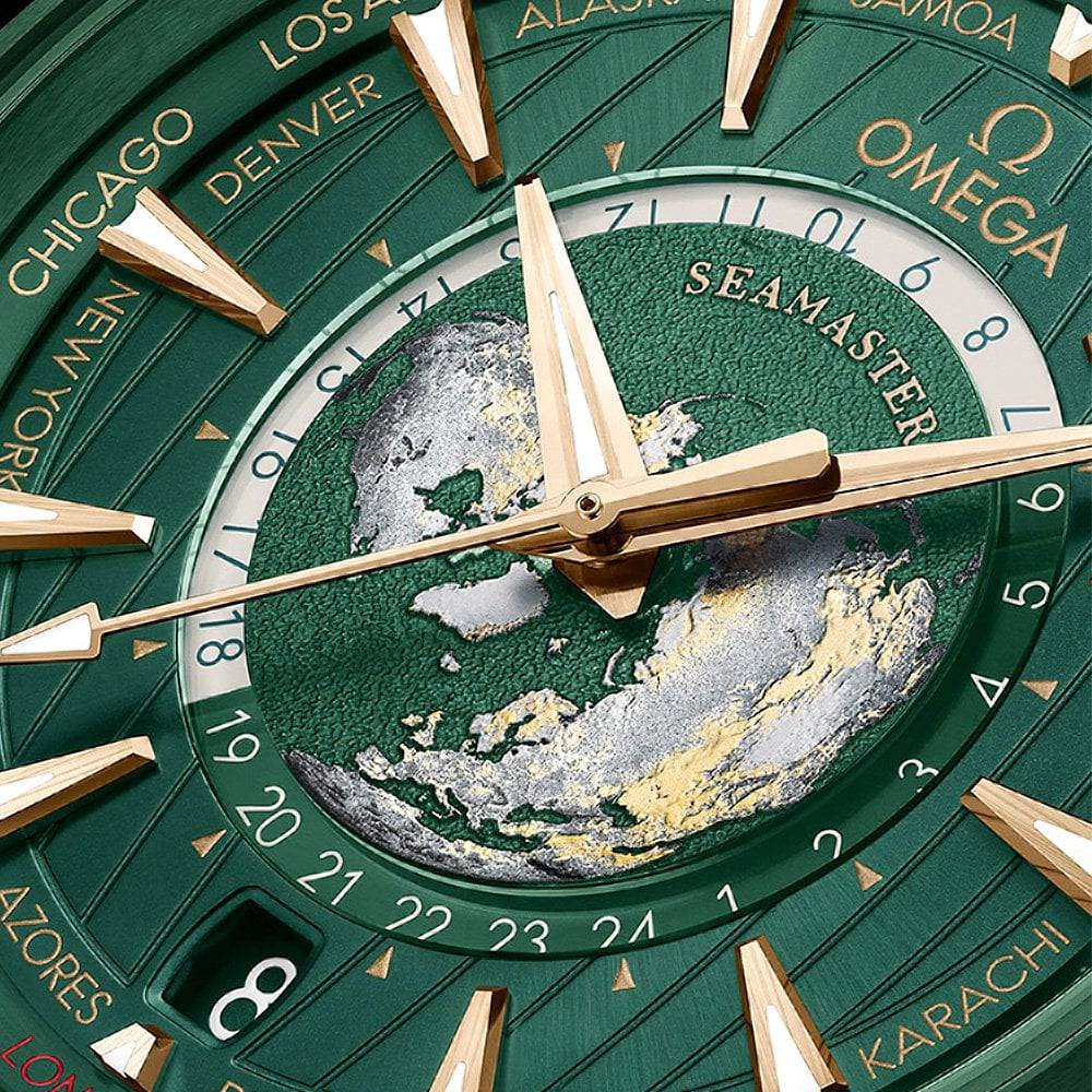 OMEGA Seamaster Aqua Terra GMT Worldtimer 43mm Green Dial Strap Watch - Berry's Jewellers