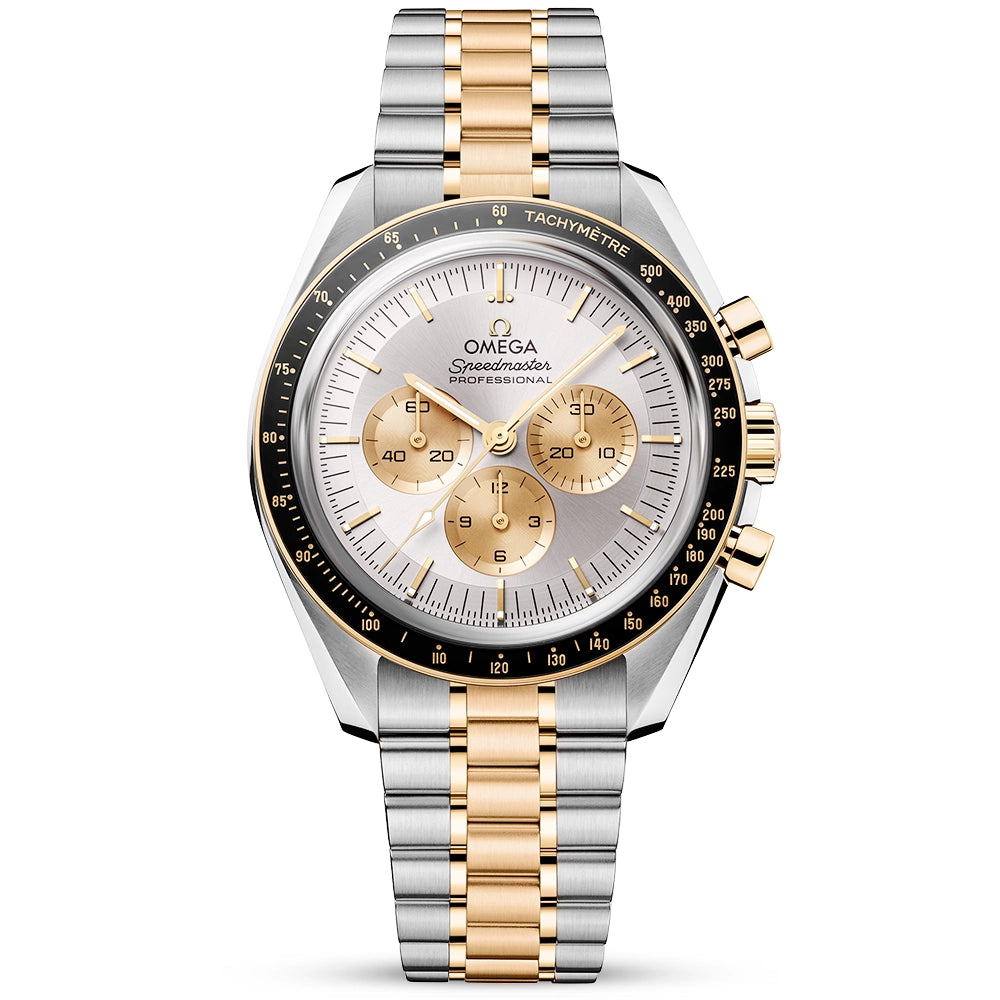 OMEGA Speedmaster Moonwatch Steel & Gold Silver Dial Bracelet Watch - Berry's Jewellers