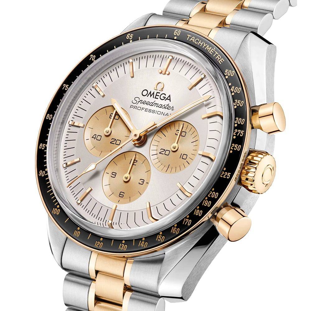 OMEGA Speedmaster Moonwatch Steel & Gold Silver Dial Bracelet Watch - Berry's Jewellers