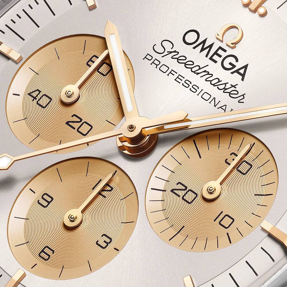 OMEGA Speedmaster Moonwatch Steel & Gold Silver Dial Bracelet Watch - Berry's Jewellers