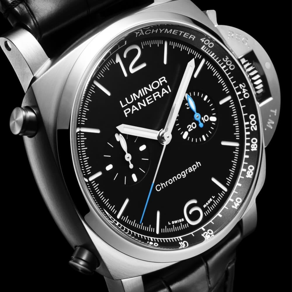 Panerai Luminor 44mm Black Dial & Leather Strap Automatic Chronograph Watch - Berry's Jewellers