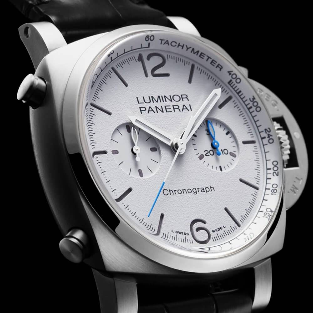 Panerai Luminor 44mm White Dial & Leather Strap Automatic Chronograph Watch - Berry's Jewellers