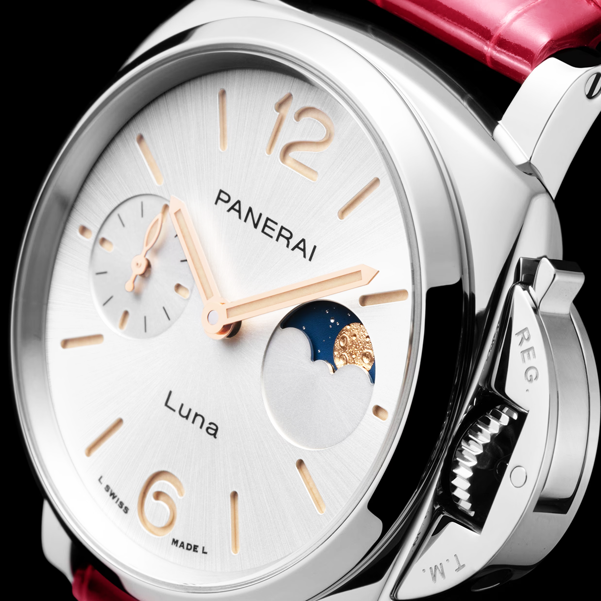 Panerai Luminor Due Luna 38mm White Dial Pink Strap Watch - Berry's Jewellers