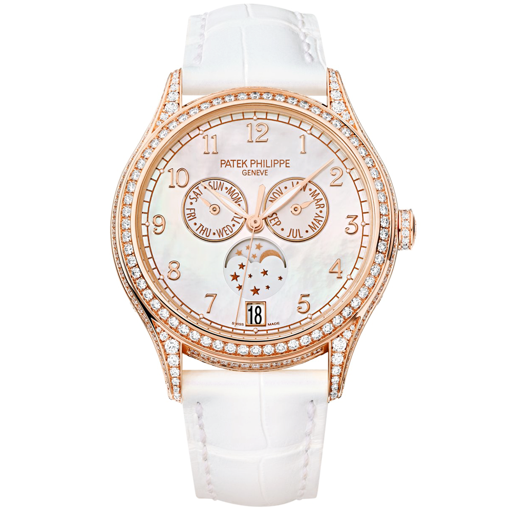 Annual Calendar 18ct Rose Gold Diamond Case Mother Of Pearl Dial Ladies Leather Strap Watch