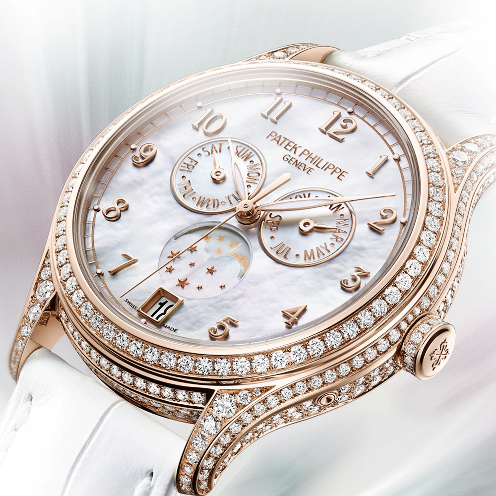 Patek Philippe Annual Calendar 18ct Rose Gold Diamond Case Mother Of Pearl Dial Ladies Leather Strap Watch - Berry's Jewellers