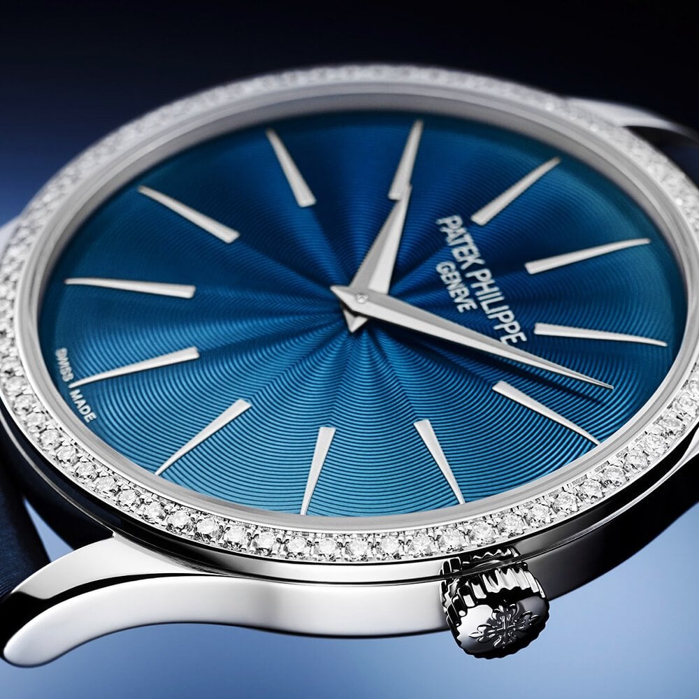 Patek Philippe Calatrava 35mm 18ct White Gold Blue Dial Diamond Set Bezel Ladies Watch - Berry's Jewellers