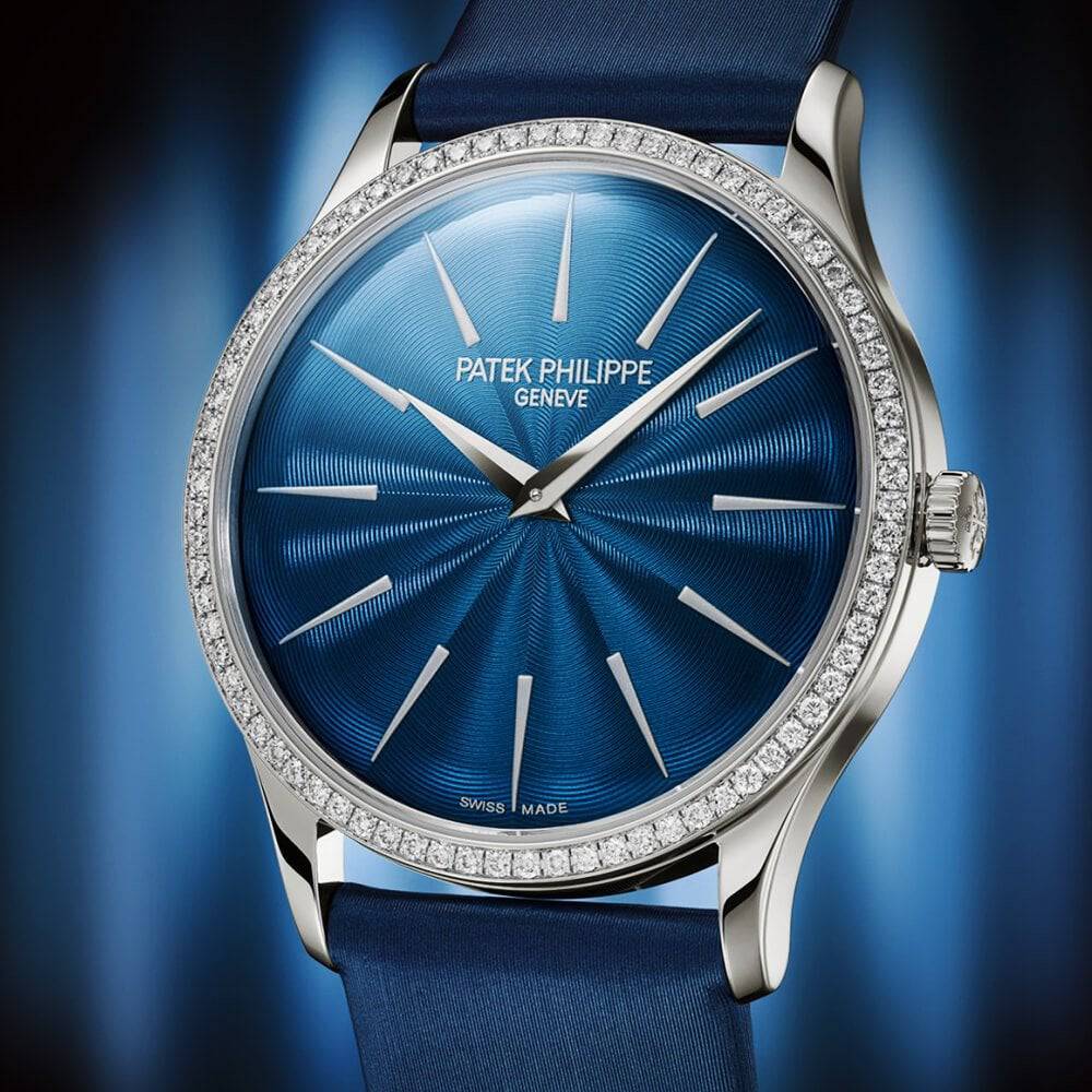 Patek Philippe Calatrava 35mm 18ct White Gold Blue Dial Diamond Set Bezel Ladies Watch - Berry's Jewellers