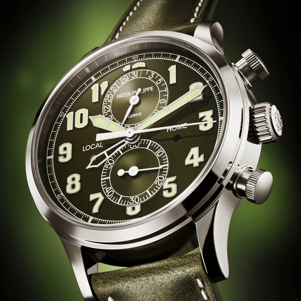 Patek Philippe Complications Calatrava Pilot Travel Time Khaki Green Dial Automatic Watch - Berry's Jewellers