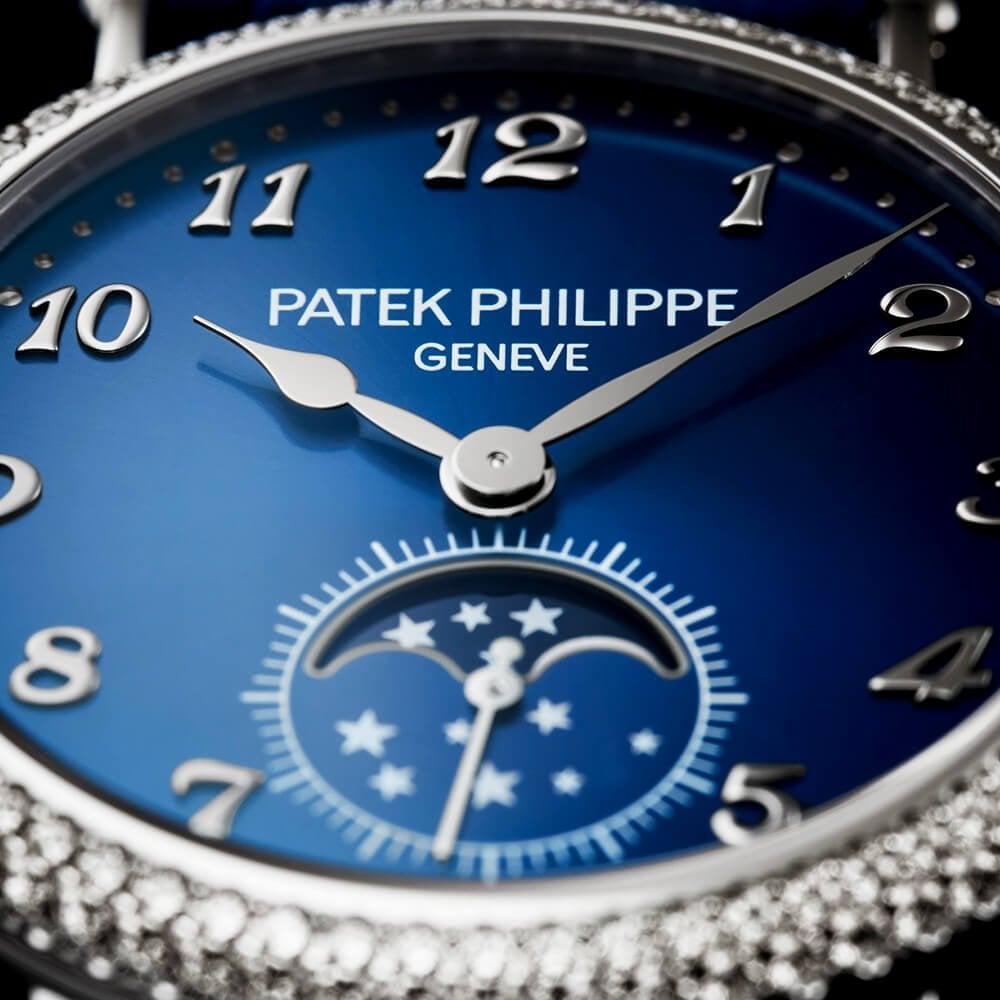 Patek Philippe Complications Moonphase 33mm Blue Sunburst Dial Ladies Watch - Berry's Jewellers