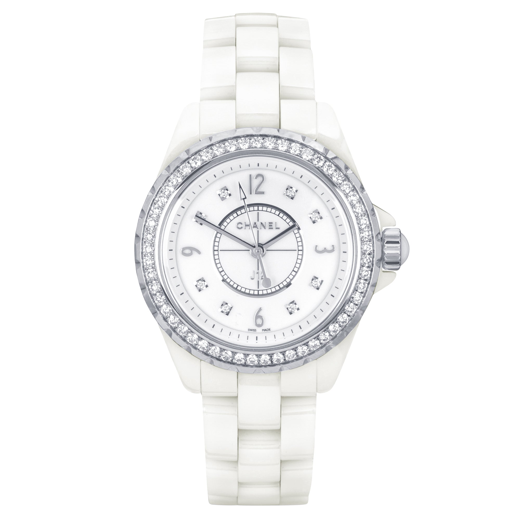 Pre-Owned CHANEL J12 33mm White Ceramic & Diamond Bezel Ladies Watch (2012) - Berry's Jewellers