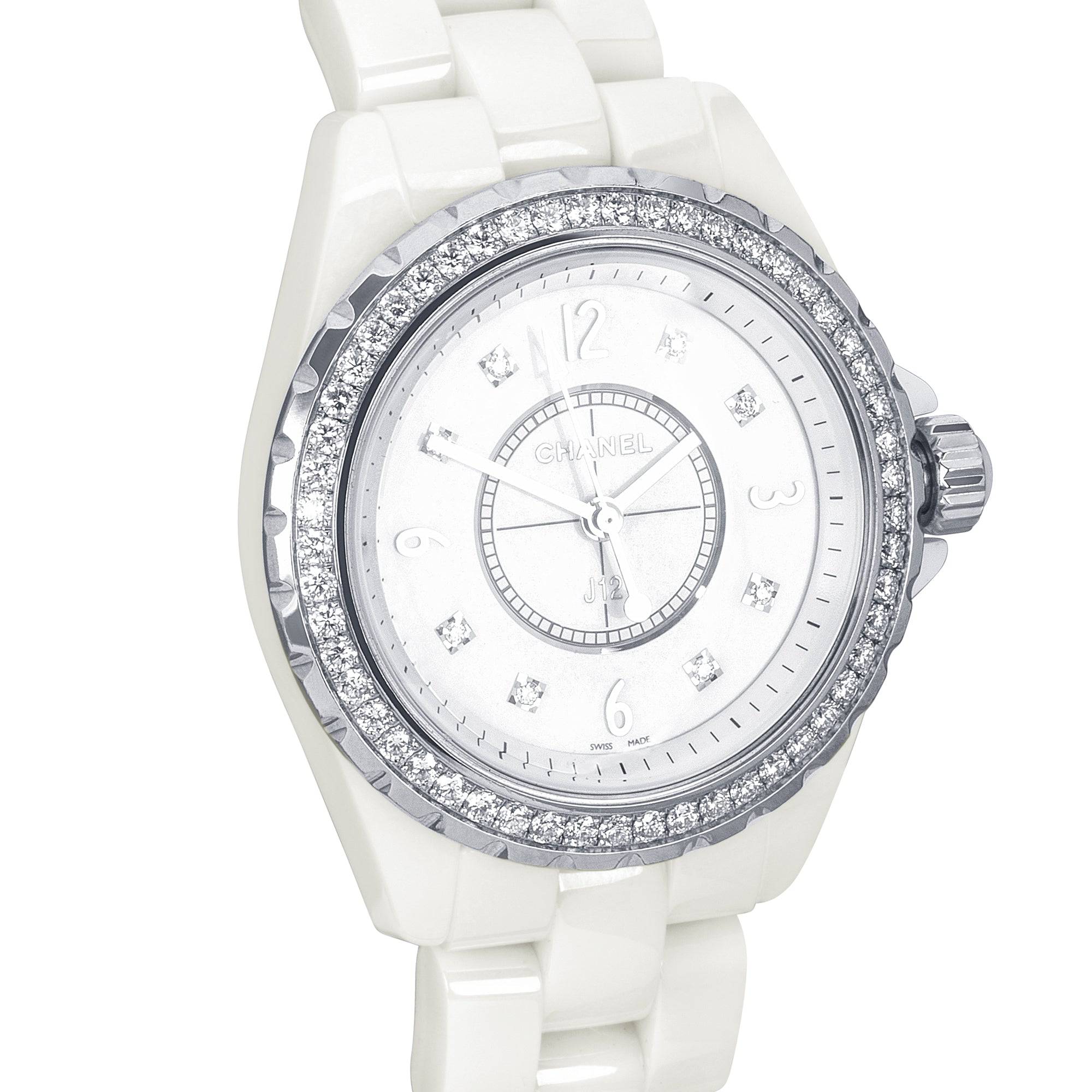 Pre-Owned CHANEL J12 33mm White Ceramic & Diamond Bezel Ladies Watch (2012) - Berry's Jewellers