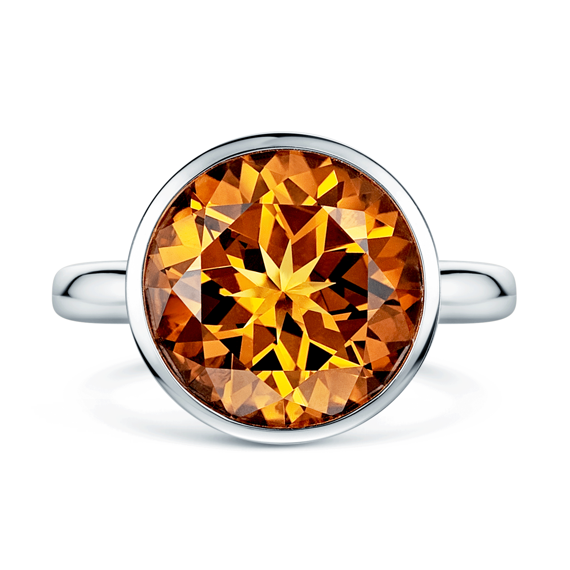 18ct White Gold Round Brilliant Cut Citrine Rubover High Set Dress Ring