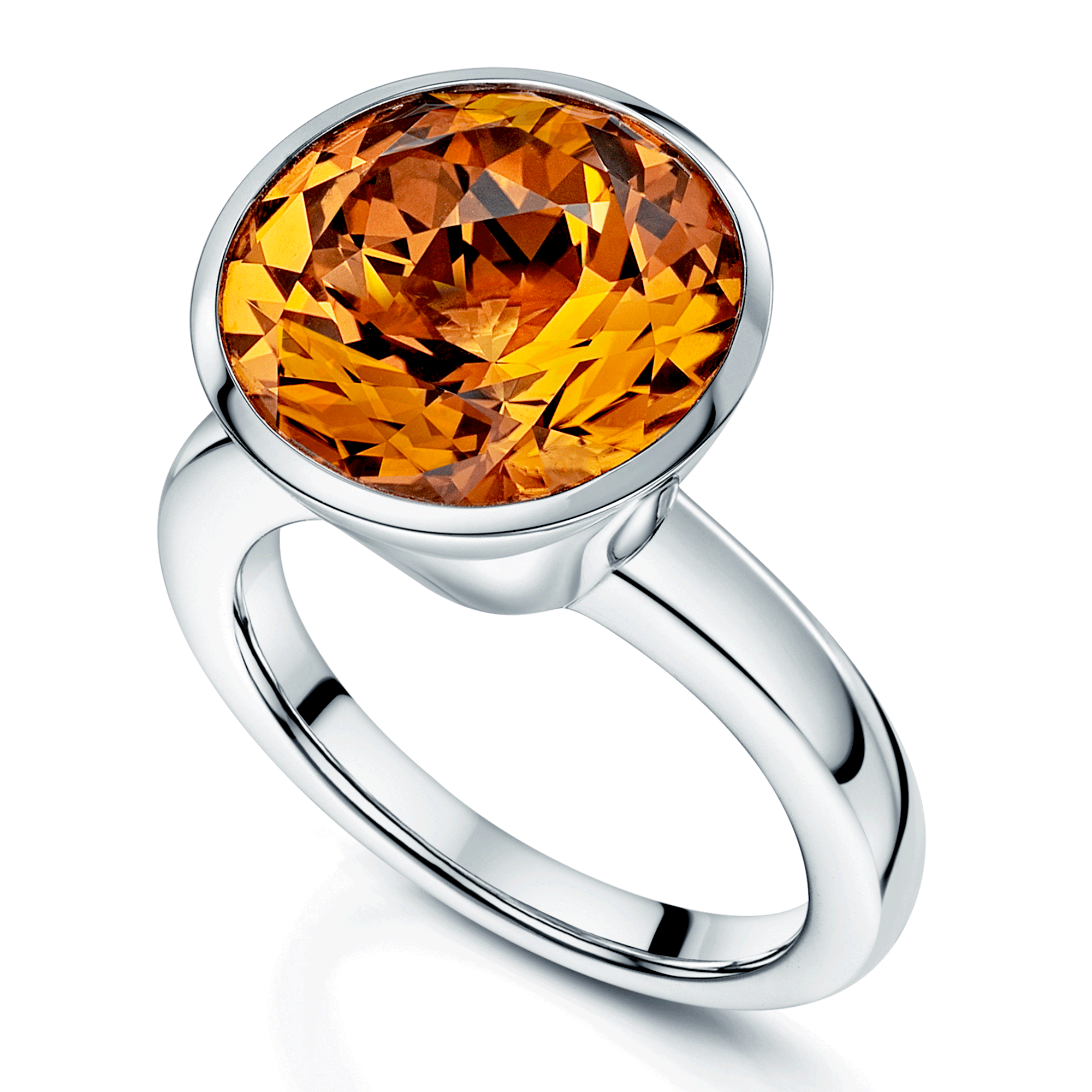 18ct White Gold Round Brilliant Cut Citrine Rubover High Set Dress Ring