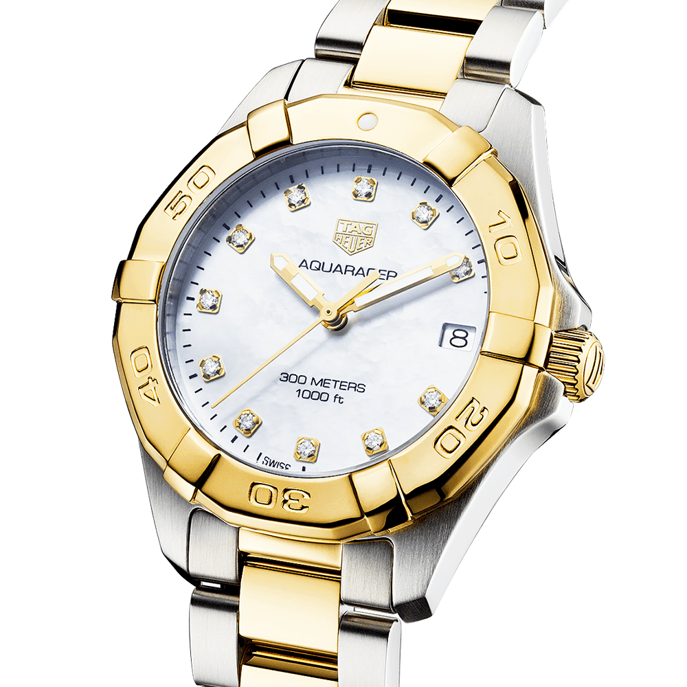 TAG Heuer Aquaracer 32mm Two-Tone White Mother of Pearl Diamond Dial Bracelet Watch - Berry's Jewellers