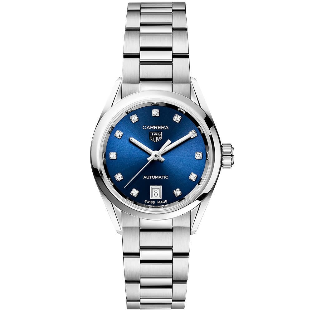 TAG Heuer Carrera 29mm Blue Sunray Diamond Dial Ladies Automatic Bracelet Watch - Berry's Jewellers