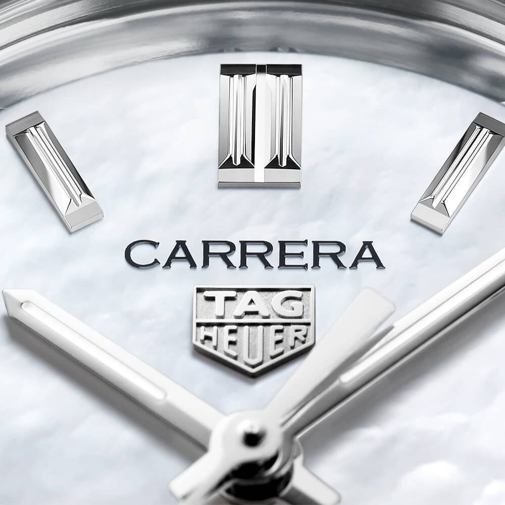 TAG Heuer Carrera 29mm White Mother of Pearl Dial Ladies Automatic Bracelet Watch - Berry's Jewellers