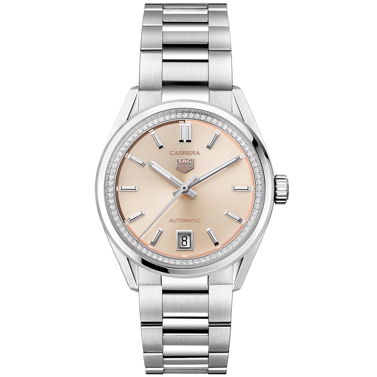 TAG Heuer Carrera 36mm Powder Pink Dial Diamond Set Automatic Watch - Berry's Jewellers