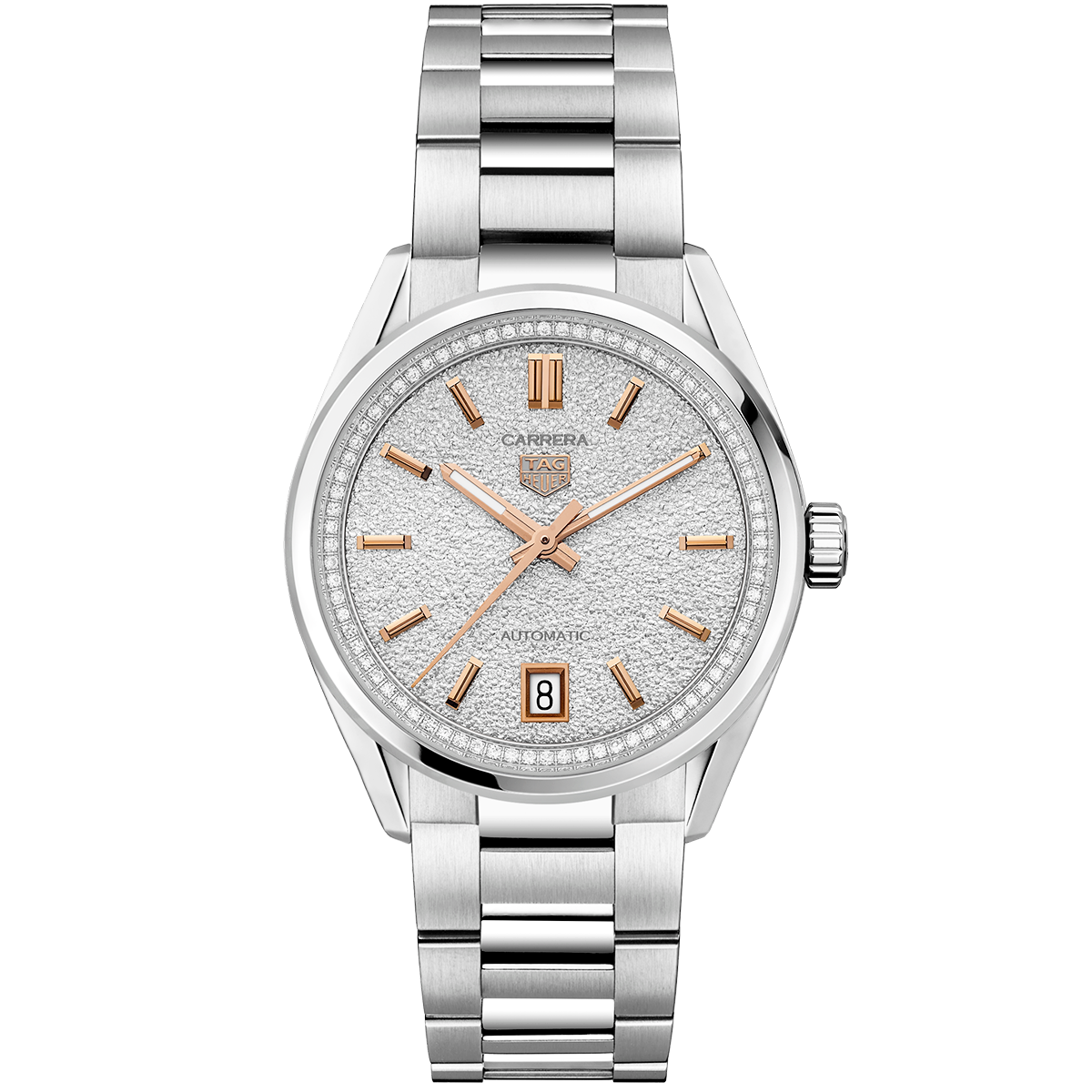 TAG Heuer Carrera 36mm Silver/Rose Dial Diamond Set Automatic Watch - Berry's Jewellers