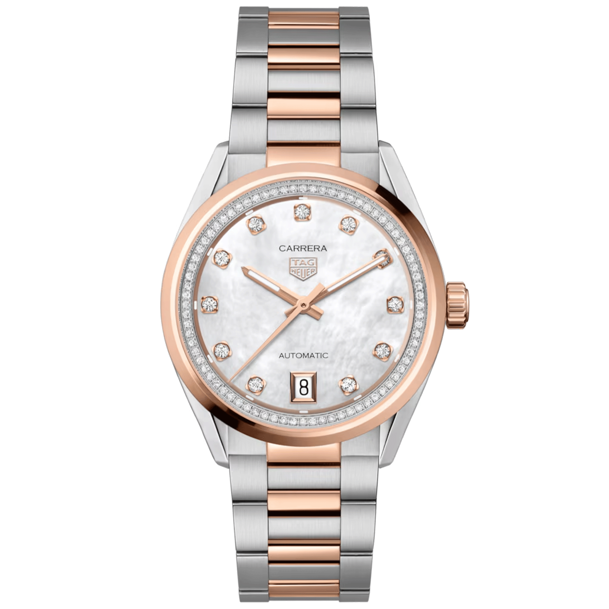 TAG Heuer Carrera 36mm Two-Tone Mother of Pearl Diamond Dial Bracelet Watch - Berry's Jewellers