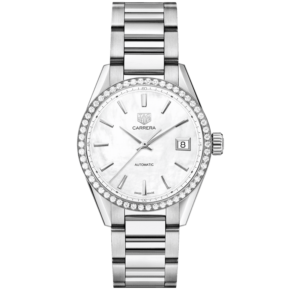 TAG Heuer Carrera 36mm White Mother of Pearl Dial Diamond Bezel Automatic Watch - Berry's Jewellers