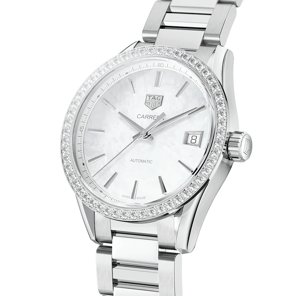 TAG Heuer Carrera 36mm White Mother of Pearl Dial Diamond Bezel Automatic Watch - Berry's Jewellers