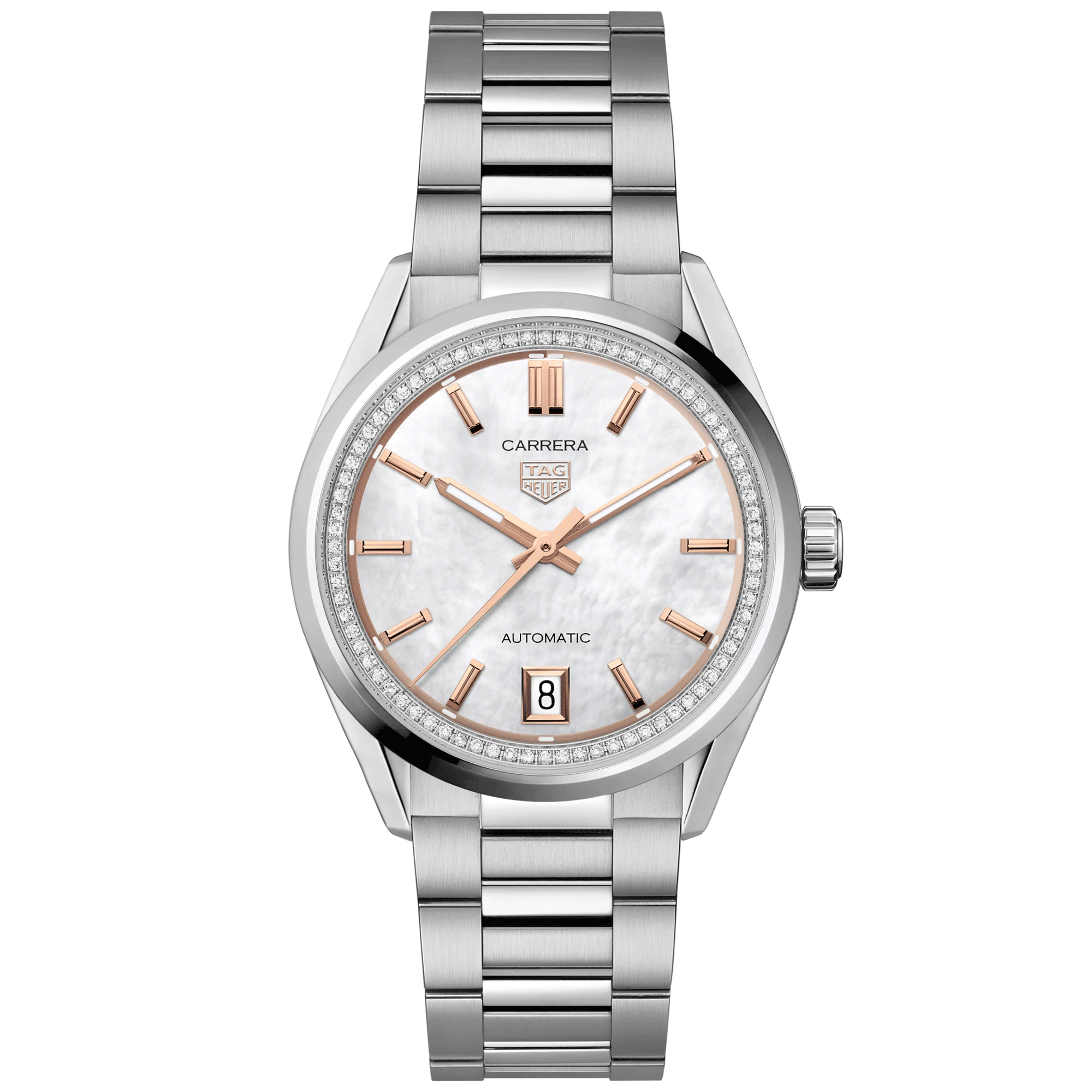 TAG Heuer Carrera 36mm White Mother of Pearl/Rose Dial Ladies Bracelet Watch - Berry's Jewellers