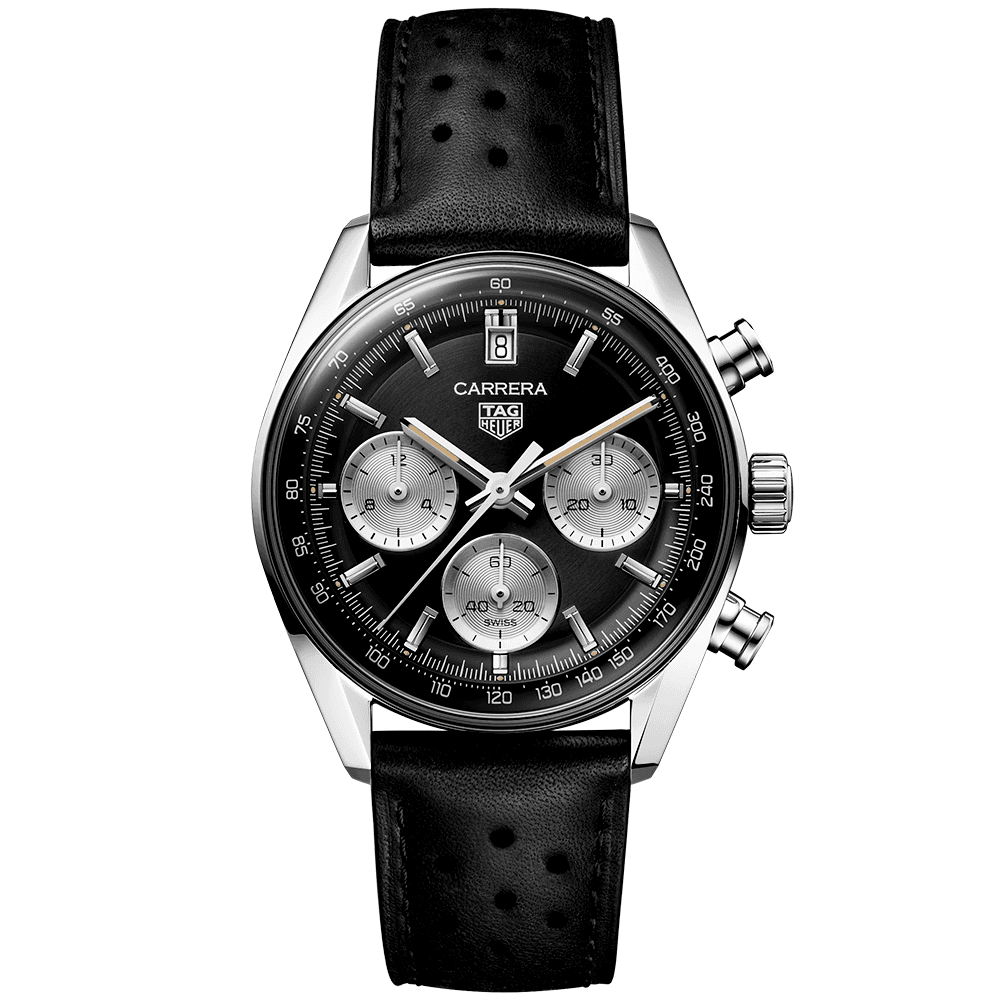 TAG Heuer Carrera 39mm Black/Silver Dial Automatic Chronograph Strap Watch - Berry's Jewellers