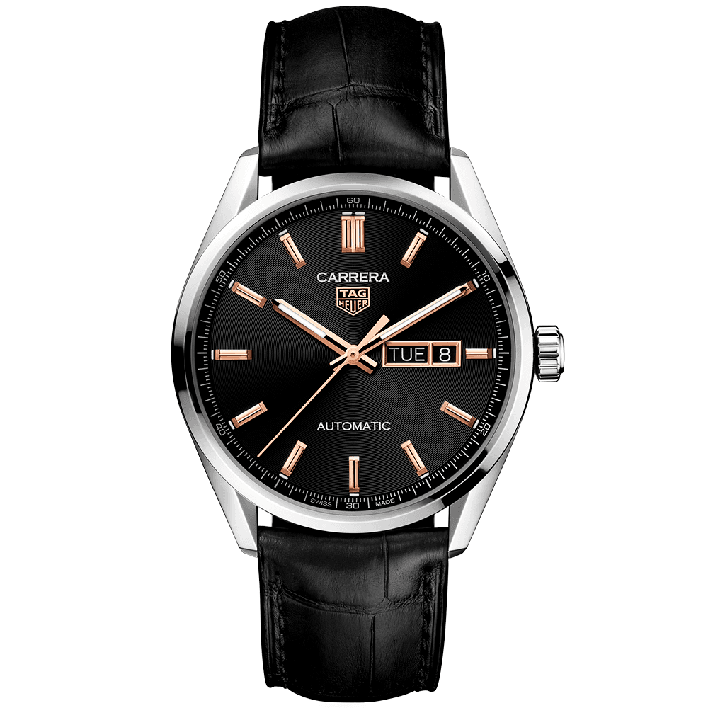 TAG Heuer Carrera 41mm Black & Rose Day/Date Dial Men's Automatic Strap Watch - Berry's Jewellers