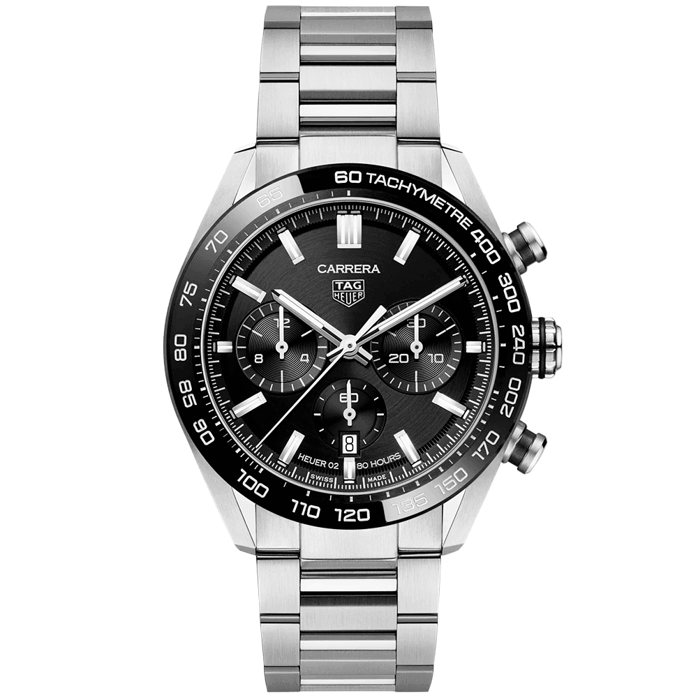 TAG Heuer Carrera 44mm Black Dial & Ceramic Bezel Automatic Chronograph Bracelet Watch - Berry's Jewellers