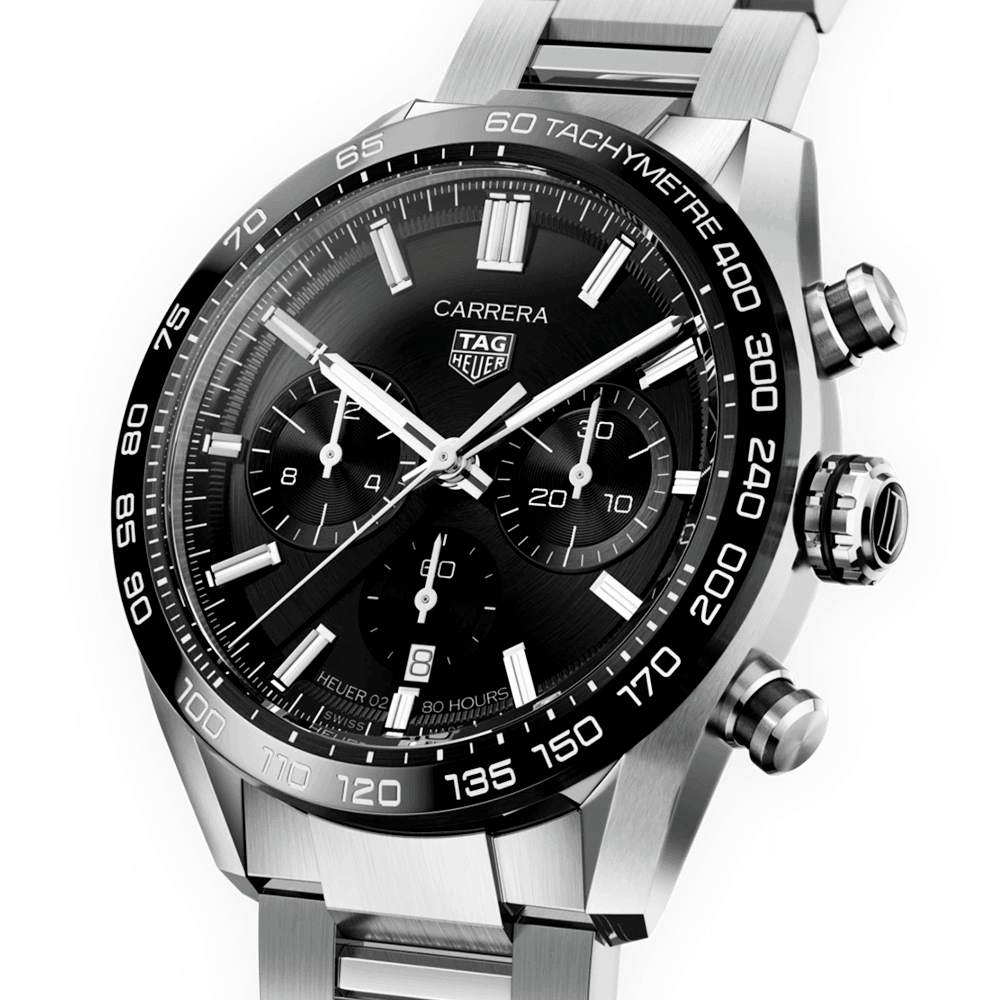 TAG Heuer Carrera 44mm Black Dial & Ceramic Bezel Automatic Chronograph Bracelet Watch - Berry's Jewellers