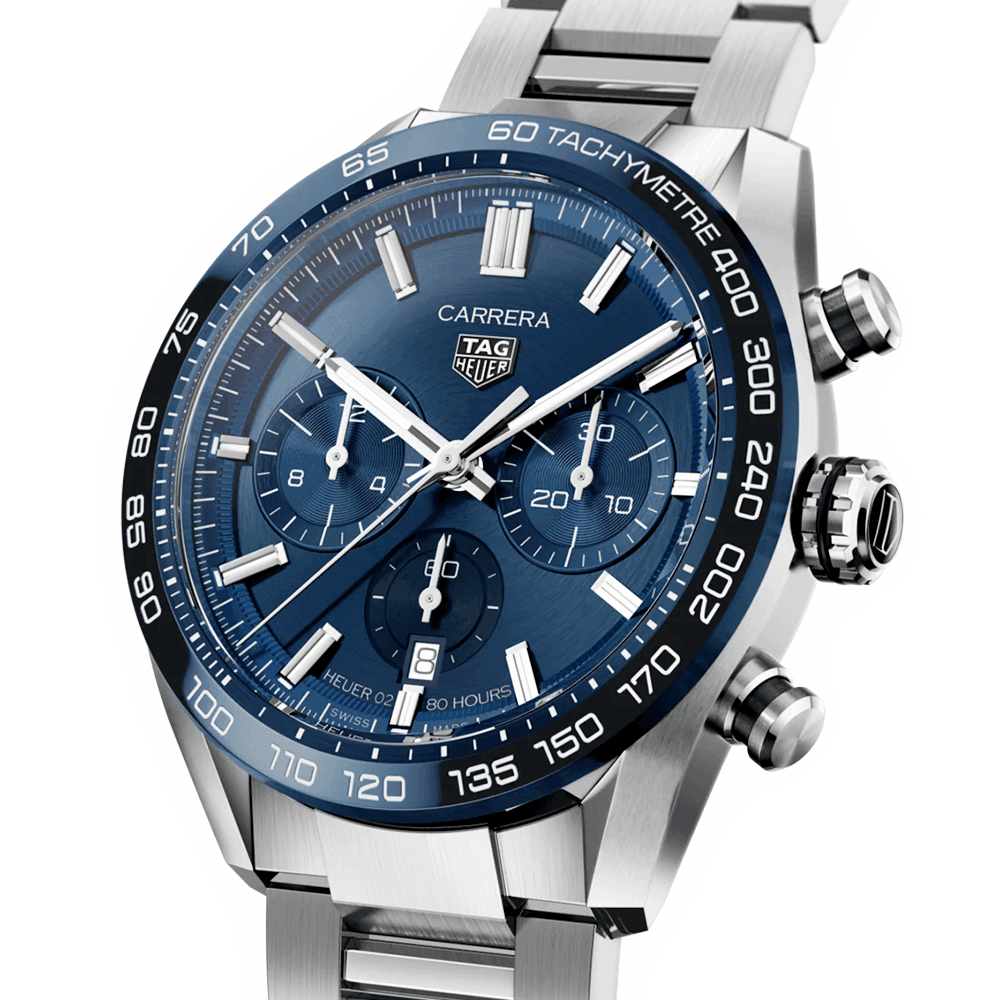 TAG Heuer Carrera 44mm Blue Dial & Ceramic Bezel Automatic Chronograph Bracelet Watch - Berry's Jewellers