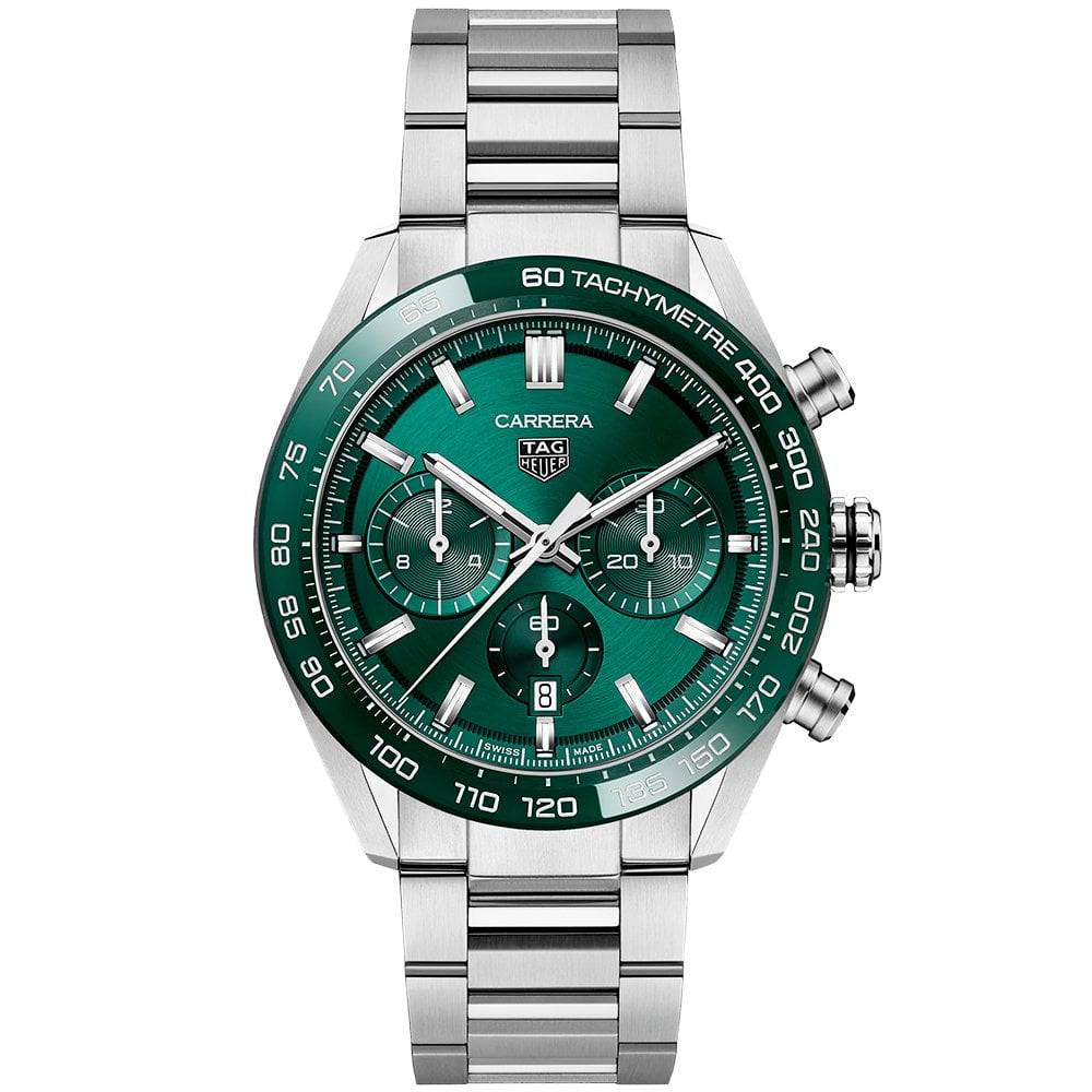 TAG Heuer Carrera 44mm Green Dial & Ceramic Bezel Automatic Chronograph Watch - Berry's Jewellers